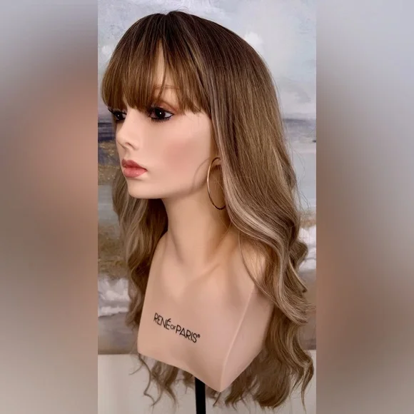 HAIR, 25” Long Wavy Layers, Center Part Bangs Ombre Med Brown/Blonde - Picture 8 of 16
